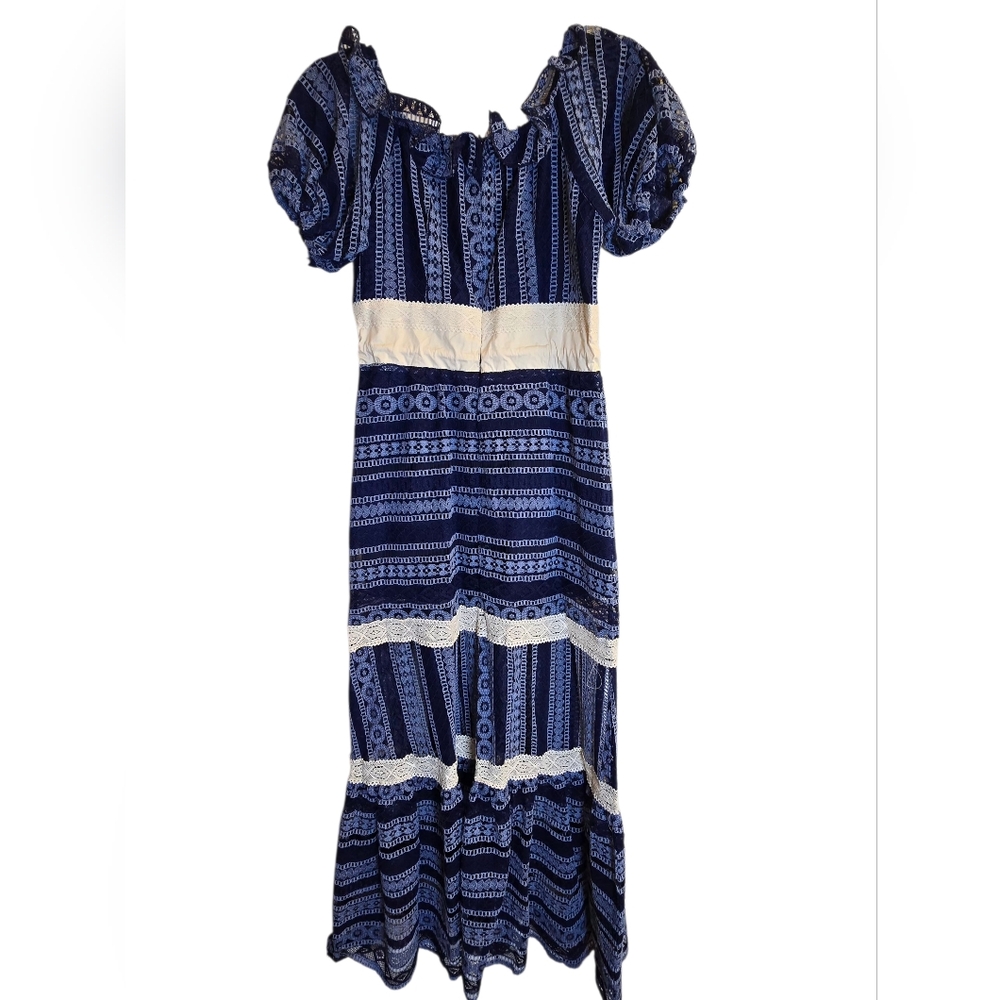 Malta Blue Lace Maxi Dress | Puff Sleeve Boho Cottagecore | Size M - Picture 2 of 7